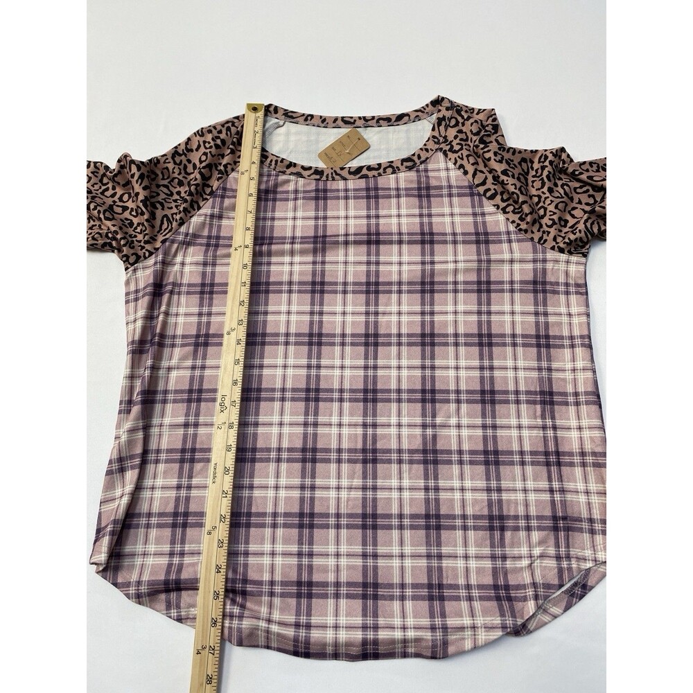 Boutique 1X Purple Plaid Leopard Sleeve Raglan Shirt Tunic Top NWOT - Picture 3 of 4